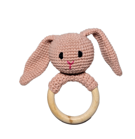 Jucarii Jocuri Activitati - Jucarie crosetata manual pentru dentitie - Iepure - Roz inchis pudrat Maimutzeria Tiarra