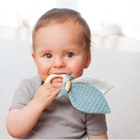 Jucarie organica cu inel de prindere din lemn si urechi din material textil, gri-petrol, Gruenspecht 696-V3 [2]