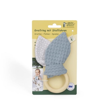 Jucarie organica cu inel de prindere din lemn si urechi din material textil, gri-petrol, Gruenspecht 696-V3 [1]