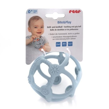 Jucarii Jocuri Activitati - Jucarie pentru dentitie si minge 2in1, silicon, albastra, 0 luni+, Reer Bite&Play 79273