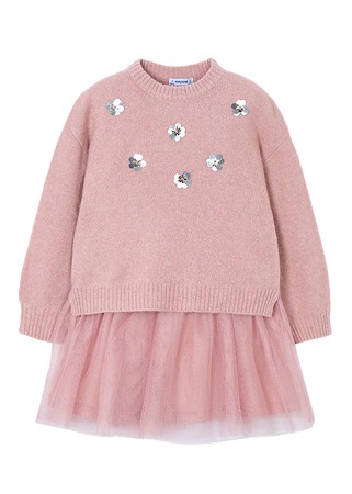 Rochii - Rochie tricot cu tul si pulover - roz