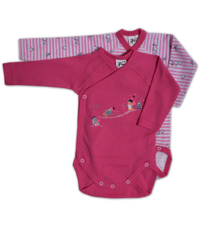 Body-uri - Set 2 body uri cu maneca lunga Alb/roz Pinguini 6 luni