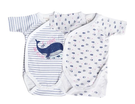 Body-uri - Set 2 body uri cu maneca scurta alb/albastru Balena 6 luni