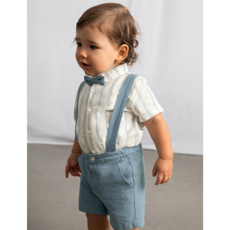 Noua colectie Mayoral - Set 2 piese cu bermude si camasa cu papion bebe baiat bleu/bej - Mayoral