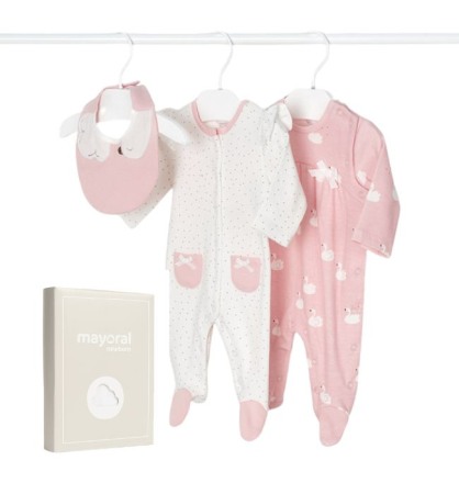 Salopete - Set 2 salopete (pijamale) ECOFRIENDS - lebede / buline + bavetica - Mayoral 4-6 luni