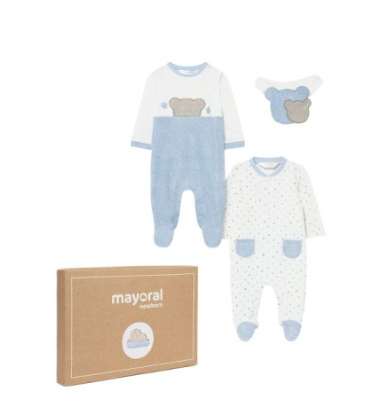 Salopete - Set 2 salopete (pijamale) - ursulet / buline + bavetica - Mayoral 2-4 luni