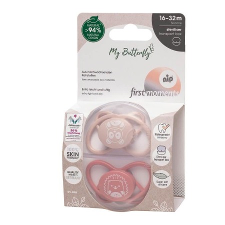 Alimentatie Masa Preparare - Set 2 Suzete MyButterfly din silicon, forma anatomica, simetrica, tetina ortodontica flexibila, cu cutie de transport si sterilizare, 16 - 32 luni, nip first moments 31612