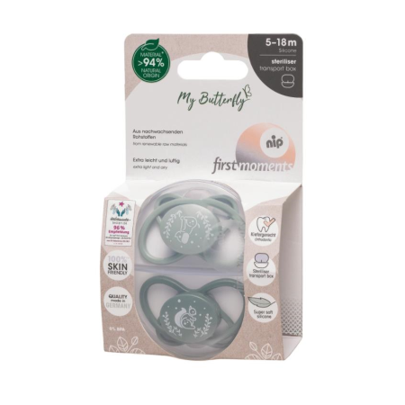Alimentatie Masa Preparare - Set 2 Suzete MyButterfly din silicon, forma anatomica, simetrica, tetina ortodontica flexibila, cu cutie de transport si sterilizare, 5-18 luni, nip first moments 31611