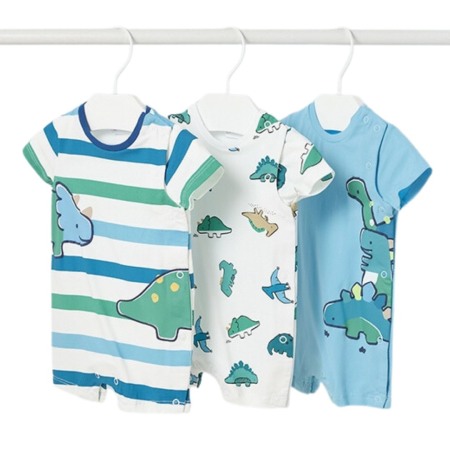 Haine - Set 3 salopete  scurte Dino din bumbac sustenabil pentru nou-nascut