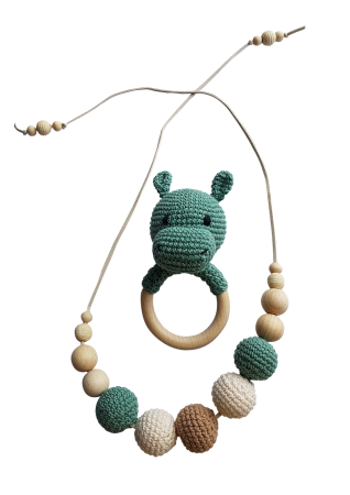 Jucarii Jocuri Activitati - Set jucarii crosetate manual pentru dentitie si colier alaptare - Hipopotam, verde - Maimutzeria Tiarra