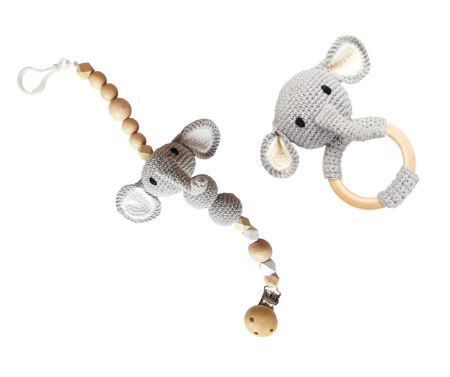 Jucarii Jocuri Activitati - Set jucarii crosetate manual pentru dentitie si suzeta - Elefant - gri - Maimutzeria Tiarra