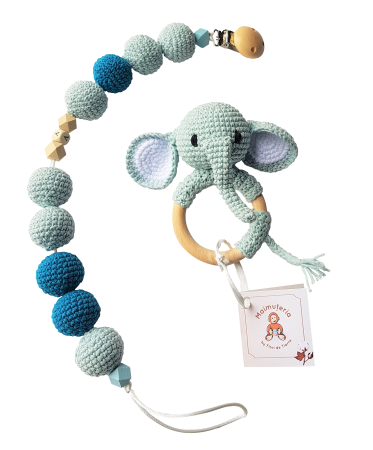 Jucarii Jocuri Activitati - Set jucarii crosetate manual pentru dentitie si suzeta - Elefant, vernil - Maimutzeria Tiarra