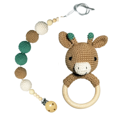 Jucarii Jocuri Activitati - Set jucarii crosetate manual pentru dentitie si suzeta- Girafa - vernil - Maimutzeria Tiarra