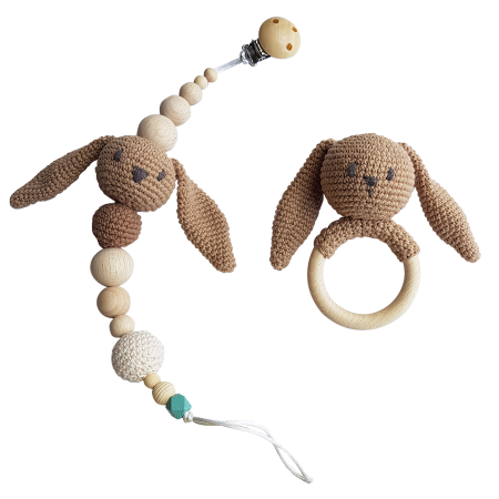 Jucarii Jocuri Activitati - Set jucarii crosetate manual pentru dentitie si suzeta - Iepuras - maro - Maimutzeria Tiarra