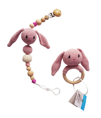 Jucarii Jocuri Activitati - Set jucarii crosetate manual pentru dentitie si suzeta - Iepuras - roz - Maimutzeria Tiarra