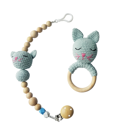 Jucarii Jocuri Activitati - Set jucarii crosetate manual pentru dentitie si suzeta - Pisica - albastru - Maimutzeria Tiarra