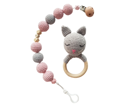 Jucarii Jocuri Activitati - Set jucarii crosetate manual pentru dentitie si suzeta - Pisica - gri - Maimutzeria Tiarra