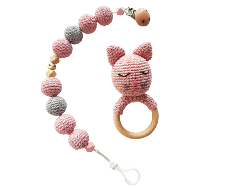 Jucarii Jocuri Activitati - Set jucarii crosetate manual pentru dentitie si suzeta - Pisica - roz - Maimutzeria Tiarra
