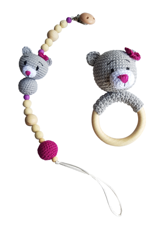Jucarii Jocuri Activitati - Set jucarii crosetate manual pentru dentitie si suzeta - Ursulet - gri / floricica - Maimutzeria Tiarra