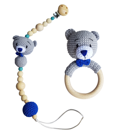 Jucarii Jocuri Activitati - Set jucarii crosetate manual pentru dentitie si suzeta - Ursulet - gri - Maimutzeria Tiarra