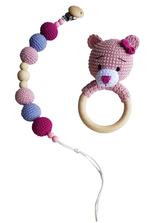 Jucarii Jocuri Activitati - Set jucarii crosetate manual pentru dentitie si suzeta - Ursulet roz / magenta - Maimutzeria Tiarra