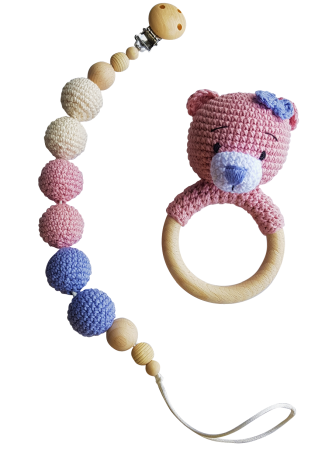 Jucarii Jocuri Activitati - Set jucarii crosetate manual pentru dentitie si suzeta - Ursulet - roz Maimutzeria Tiarra