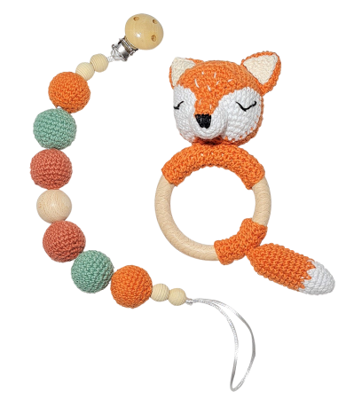 Jucarii Jocuri Activitati - Set jucarii crosetate manual pentru dentitie si suzeta - Vulpita - caramiziu - Maimutzeria Tiarra