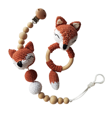 Jucarii Jocuri Activitati - Set jucarii crosetate manual pentru dentitie si suzeta - Vulpita - maro - Maimutzeria Tiarra