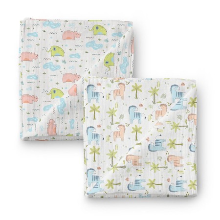 Scutece lavete protectie - Set paturici/scutece muselina organica Elephants, Hippo, Zebras