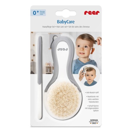 Ingrijire si igiena - Set perie si pieptene ingrijire bebelusi, cu par natural de capra, alb cu gri, BabyCare Hair, Reer 81070