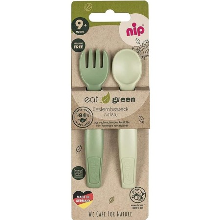 Tacamuri vesela recipiente - Set tacamuri Eat Green pentru bebelusi, lingurita si furculita, din plastic bio, lavabile in masina de spalat vase, 9+ luni, nip 38605, green