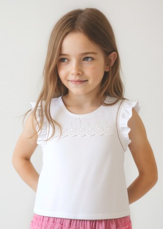 Bluze - Tricou fara maneci cu perforatii si volane - alb - Mayoral 9 ani