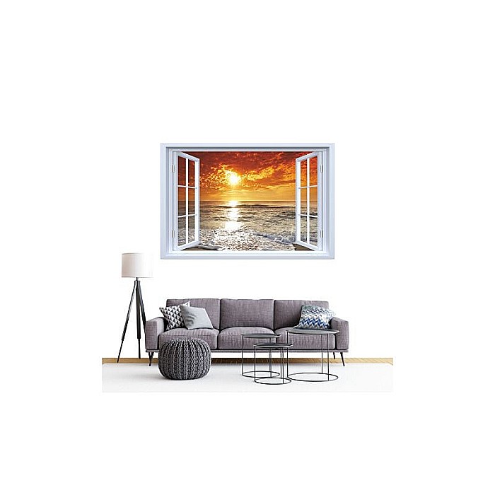 Sticker decorativ fereastra fantezie 3D apus de soare la mare [2]