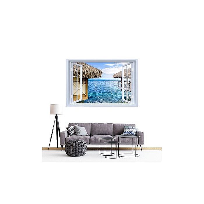 Sticker decorativ fereastra fantezie 3D bungalouri peste apa [2]