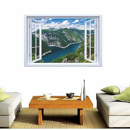 Sticker decorativ fereastra fantezie 3D lac intre munti [2]
