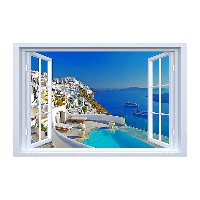 Sticker perete3D fereastra fantezie vedere resort Santorini [1]