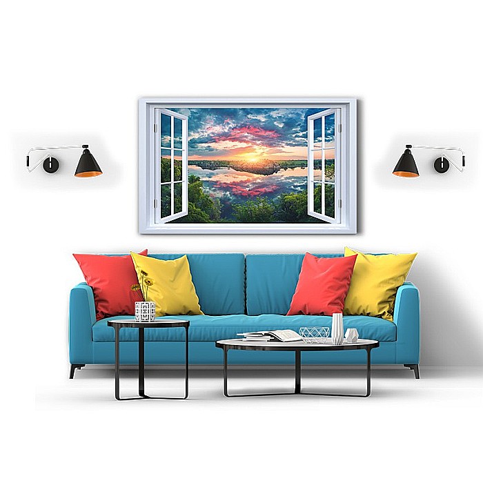 Tablou canvas fereastra lac la apus [2]