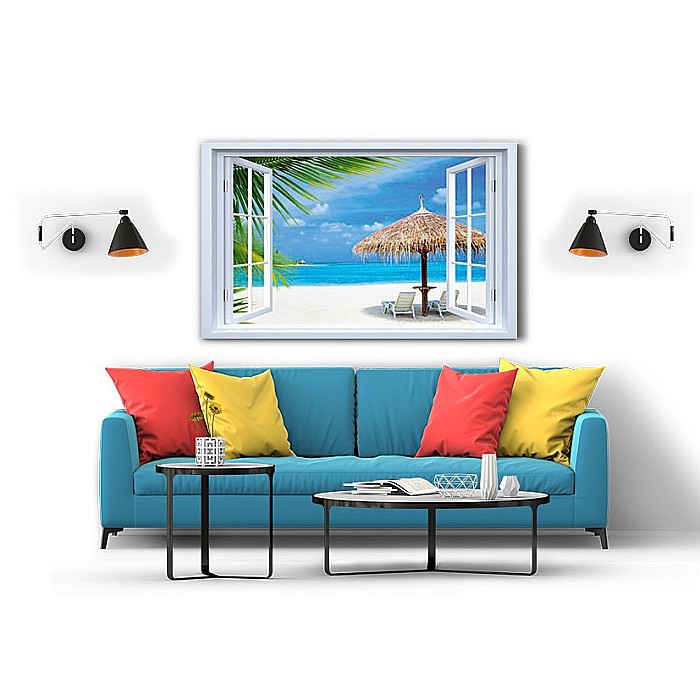 Tablou canvas fereastra plaja sezlong Maldive [2]