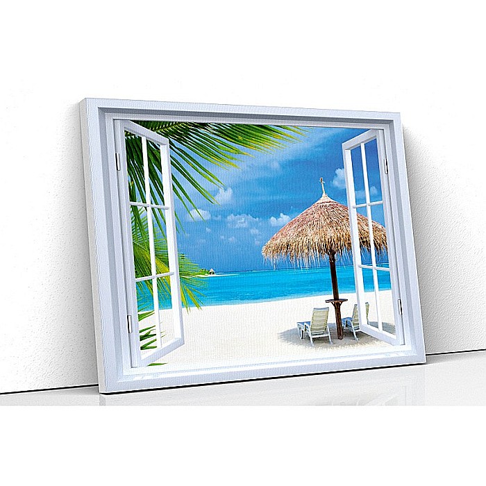 Tablou canvas fereastra plaja sezlong Maldive [1]