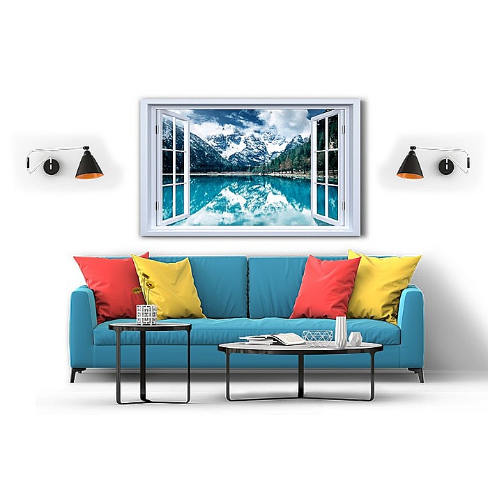 Tablou canvas fereastra reflexie munte in lac [2]