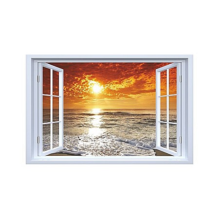 Stickere perete fereastra 3d - Sticker decorativ fereastra fantezie 3D apus de soare la mare