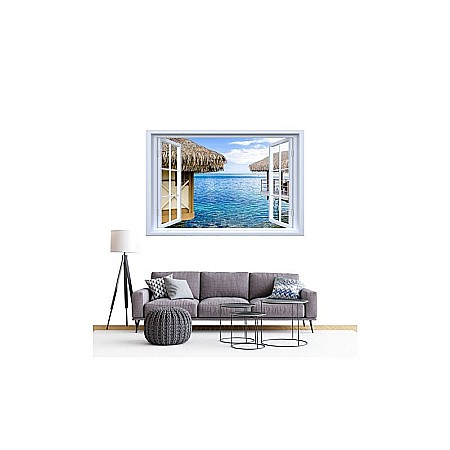 Sticker decorativ fereastra fantezie 3D bungalouri peste apa [1]