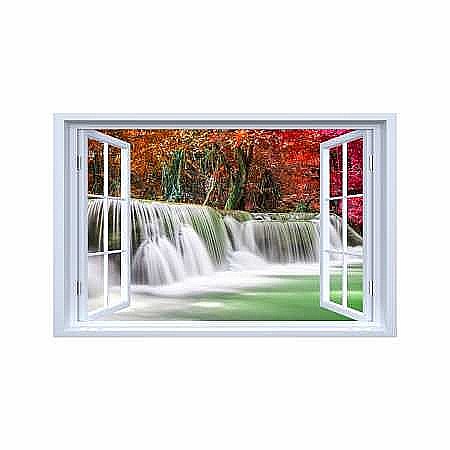 Stickere perete fereastra 3d - Sticker decorativ fereastra fantezie 3D cascada in mijlocul padurii