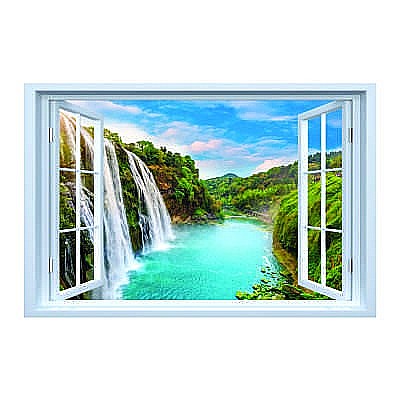Stickere perete fereastra 3d - Sticker decorativ fereastra fantezie 3D cascada lac munte