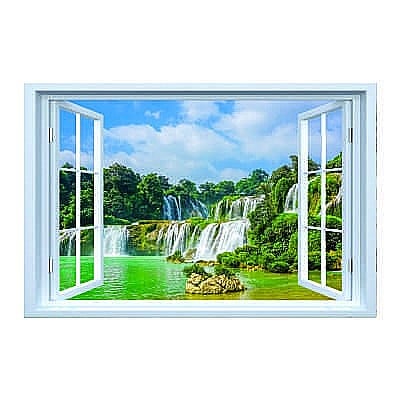 Stickere perete fereastra 3d - Sticker decorativ fereastra fantezie 3D cascada naturala