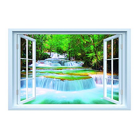 Stickere perete fereastra 3d - Sticker decorativ fereastra fantezie 3D cascada padure
