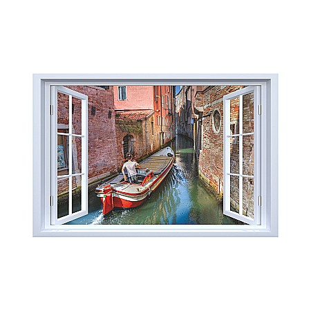 Stickere perete fereastra 3d - Sticker decorativ fereastra fantezie 3D gondola canal Venetia