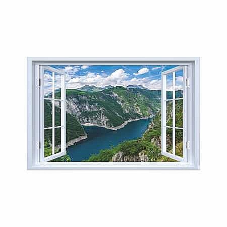 Stickere perete fereastra 3d - Sticker decorativ fereastra fantezie 3D lac intre munti