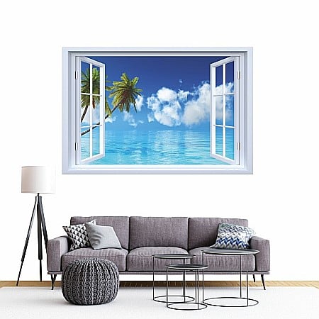 Sticker decorativ fereastra fantezie 3D palmieri la ocean [1]