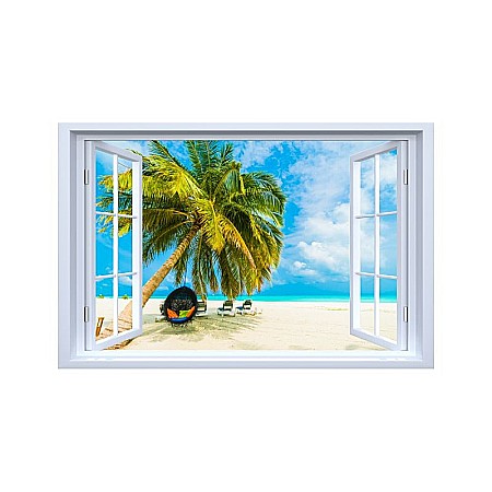 Sticker decorativ fereastra fantezie 3D plaja palmier caraibe [0]